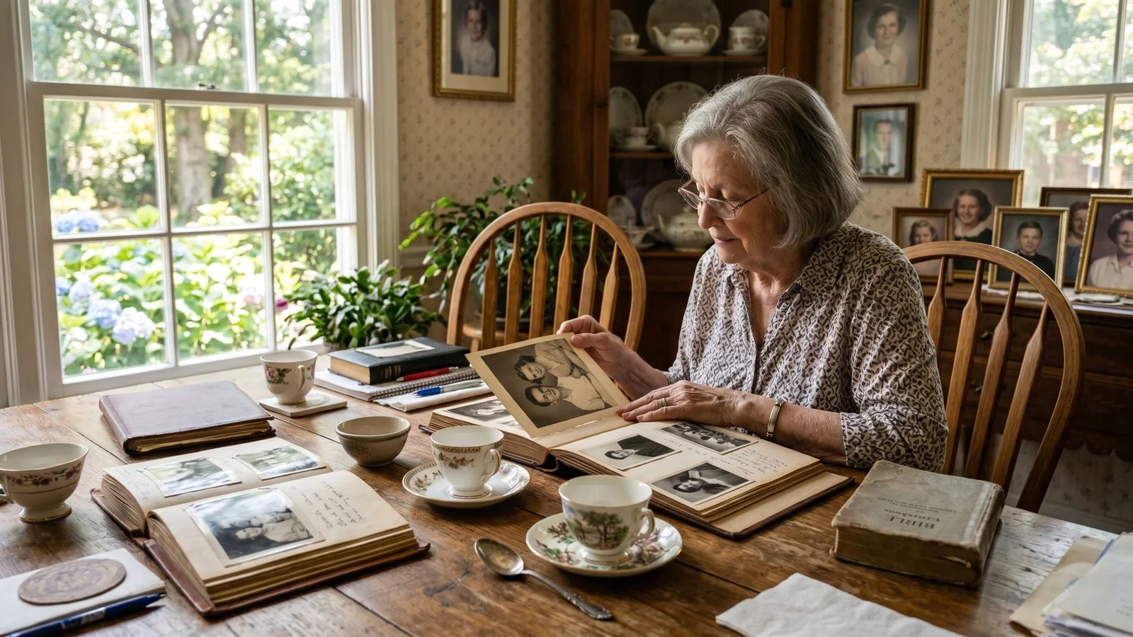 Sun-lit Carolinas dining room with photo albums and tea cups