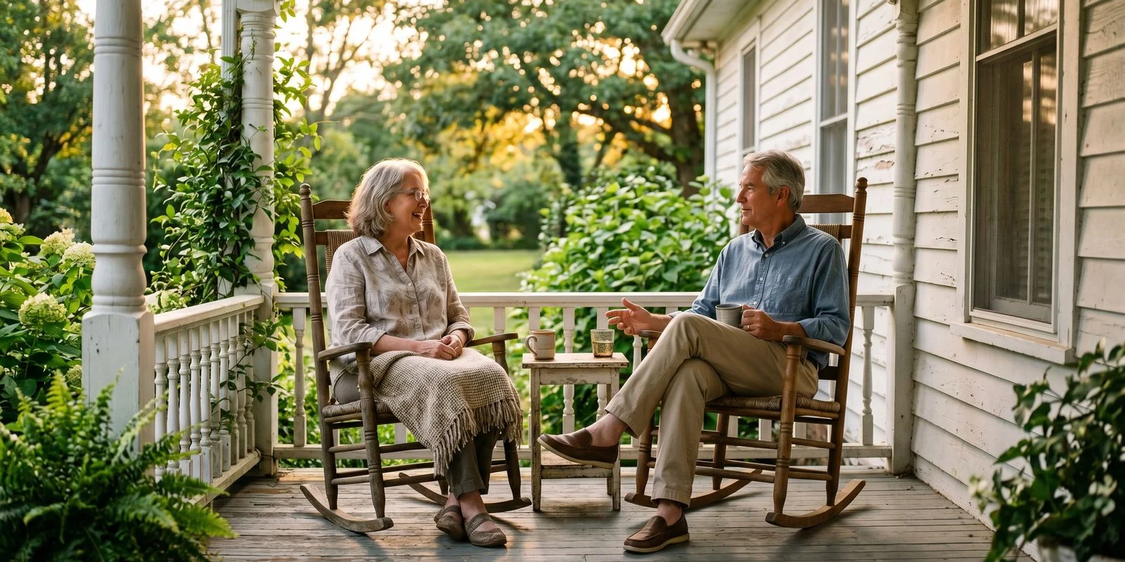Two adults in calm conversation on a Carolinas porch