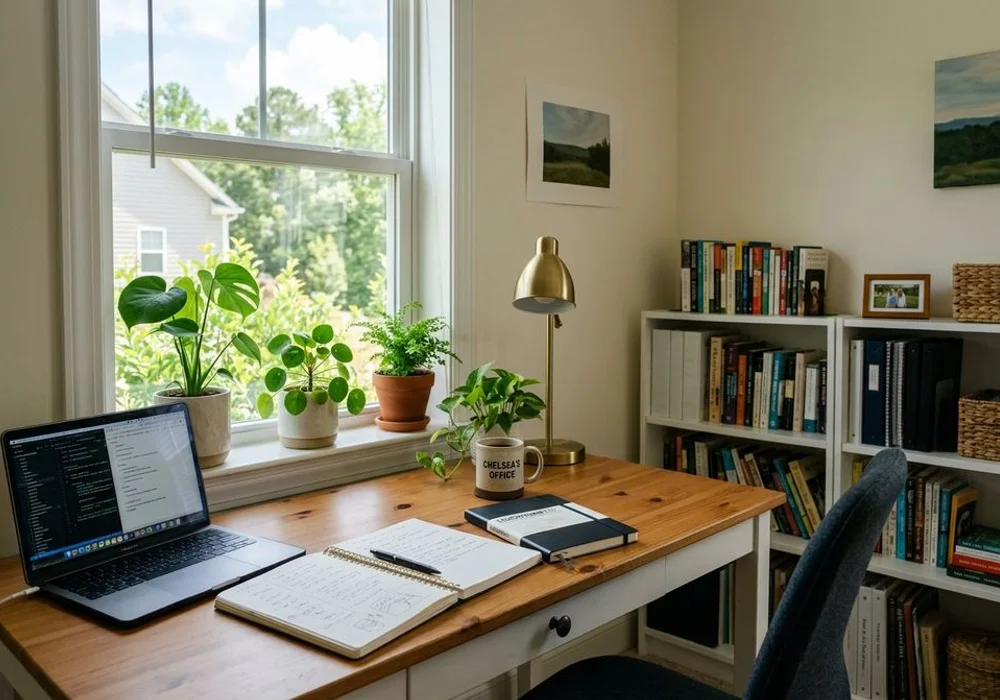 A tidy Carolinas home office with notebooks, plants, and soft window light