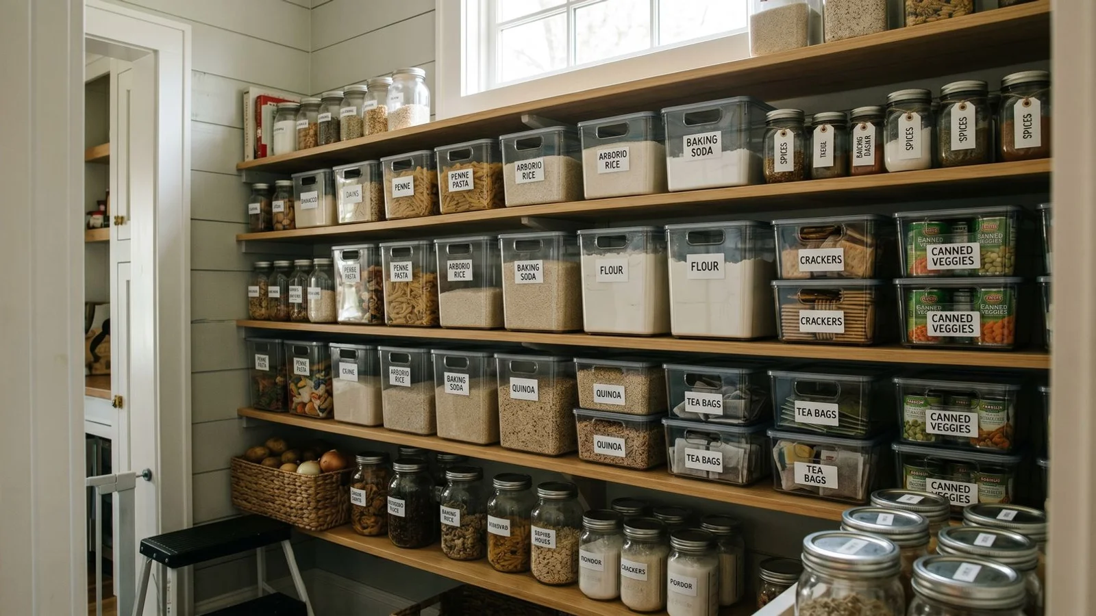Tidy organized Carolinas pantry shelf with labeled bins