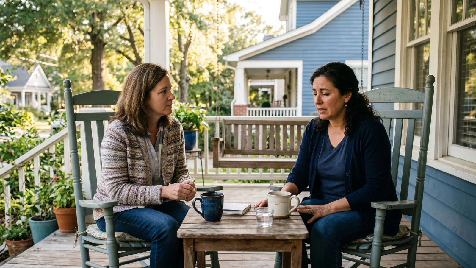 Two adults in a calm conversation on a Carolinas porch