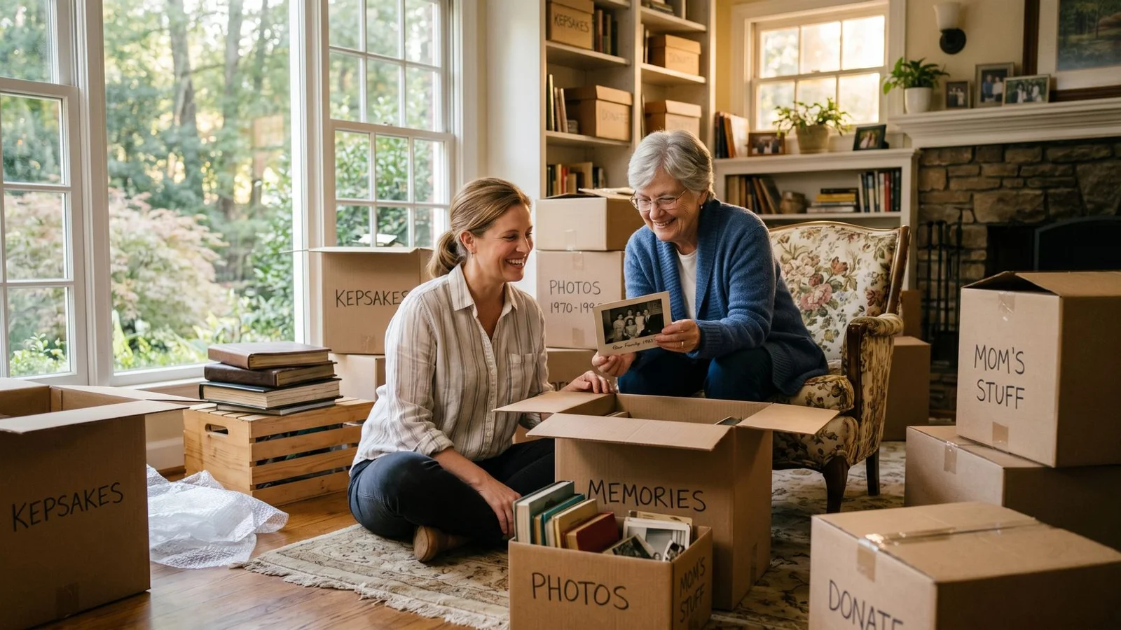 Two adults sorting boxes in a sunlit Carolinas living room