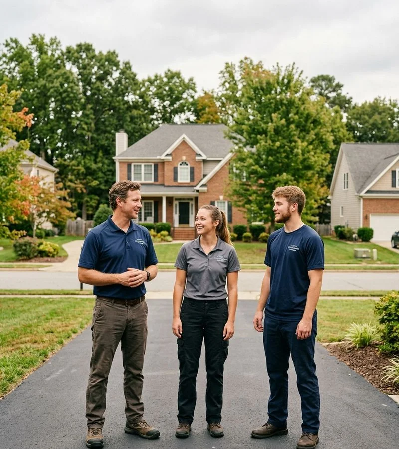 A vetted Carolinas cleanup provider team standing at a tidy residential driveway