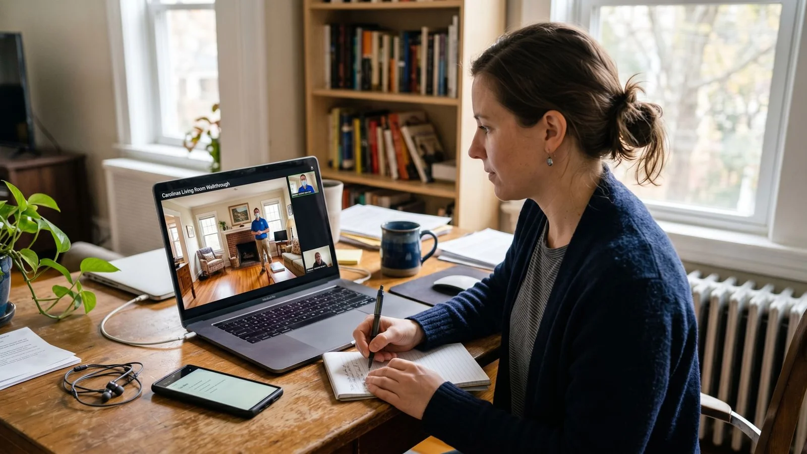 Video call showing a Carolinas living room walkthrough