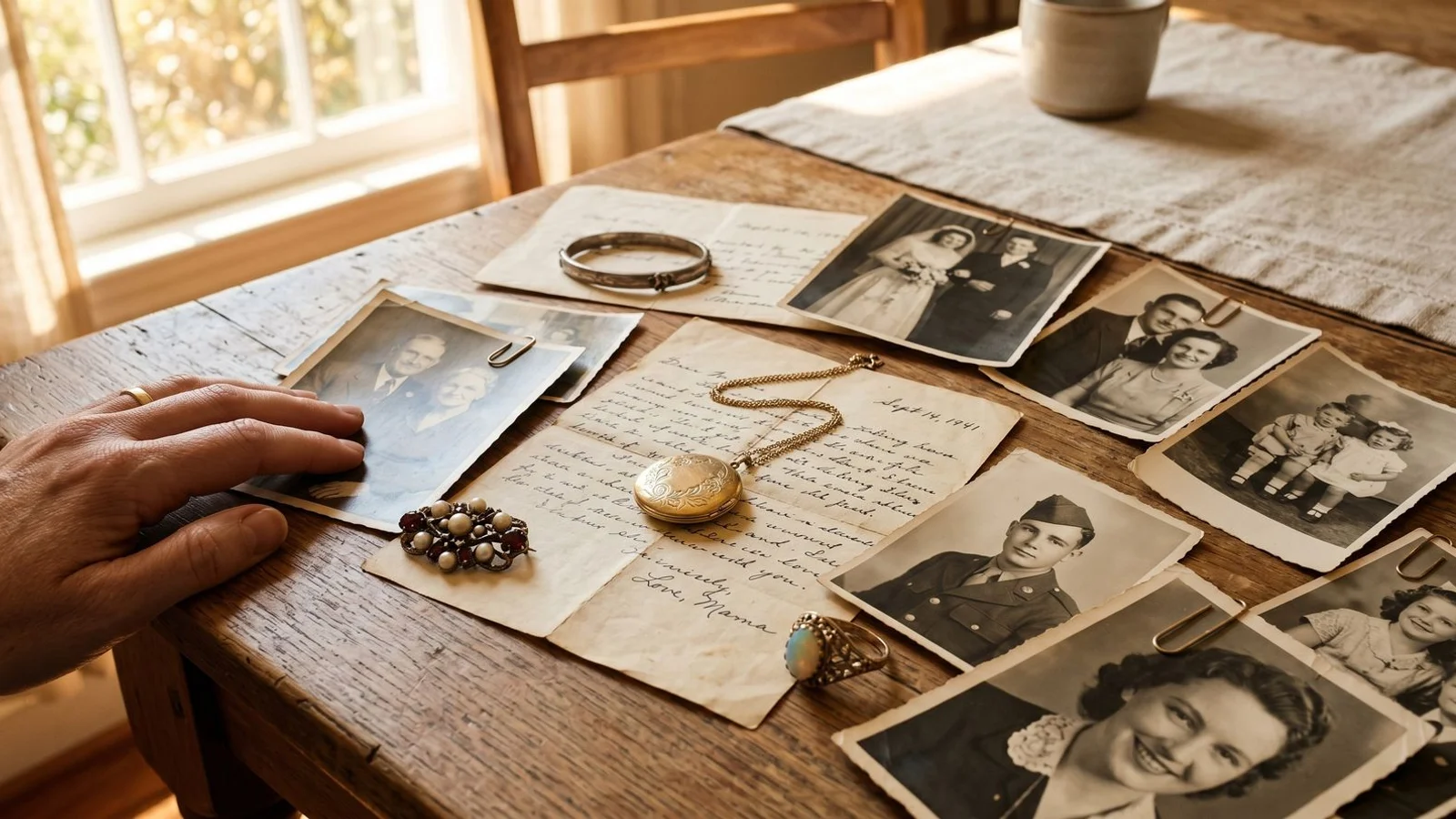 Vintage jewelry and old letters on a sunlit Carolinas table